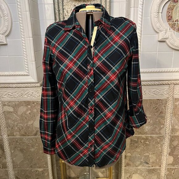 KIM ROGERS. Size Large. Long Sleeve w Roll Tab Cuff. Plaid. Cotton. B109 - Picture 1 of 6